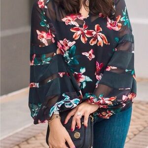 7 For All Mankind Floral Silk Balloon Sleeve Top